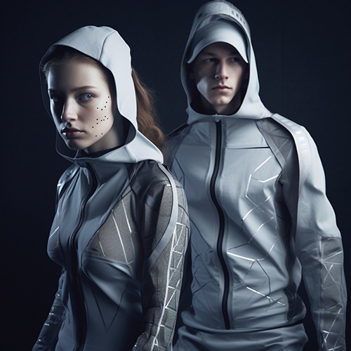 Eine Frau und ein Mann in futuristisch anmutenden Jacken mit Kapuzen